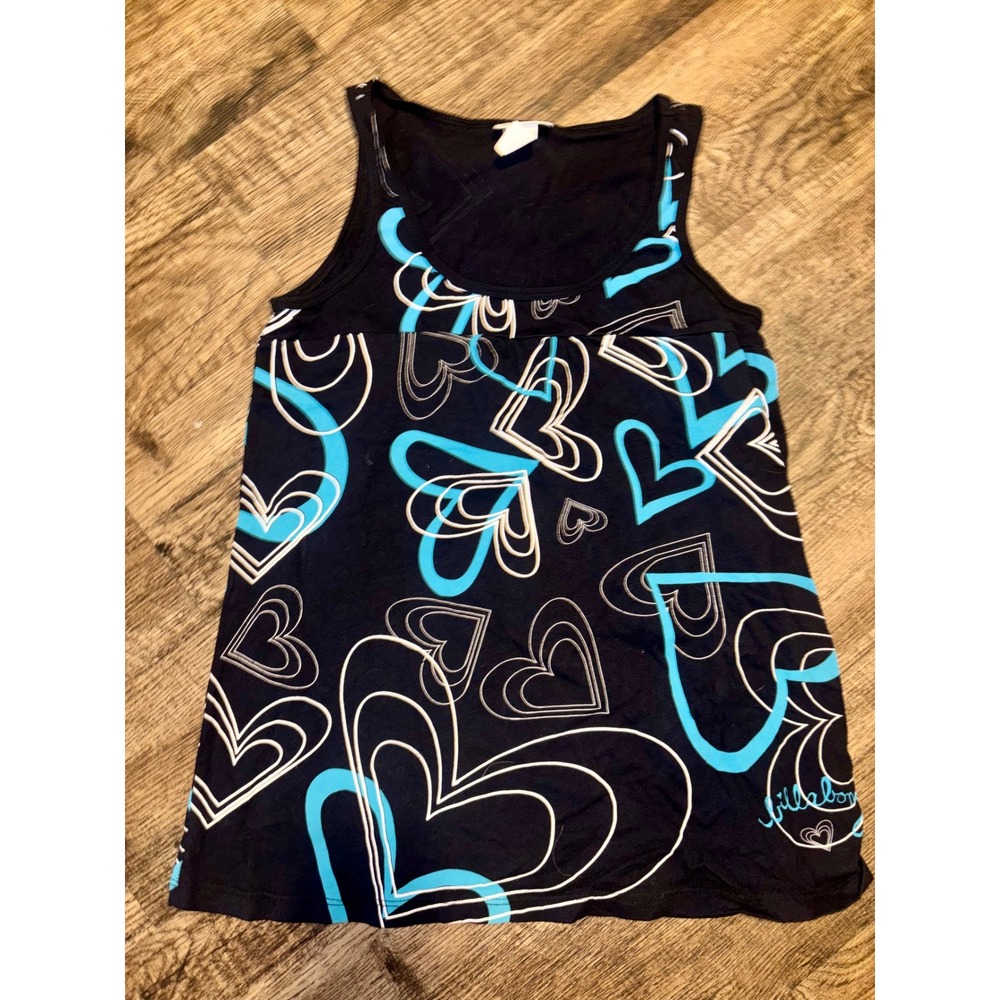 Billabong Black Heart Print Tank Top Turquoise White Y2K Surf Cotton Medium